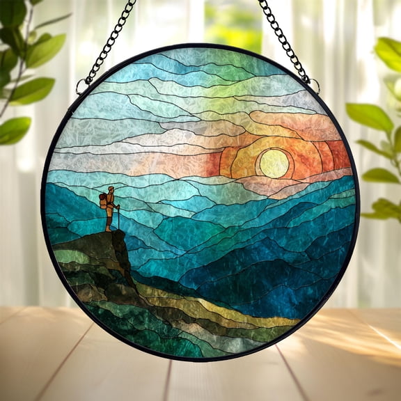 Mountain Hiking Stained Glass Suncatcher, Sunset Landscape Window Hanging Ornament, Adventure Nature Art Gift Home Decor