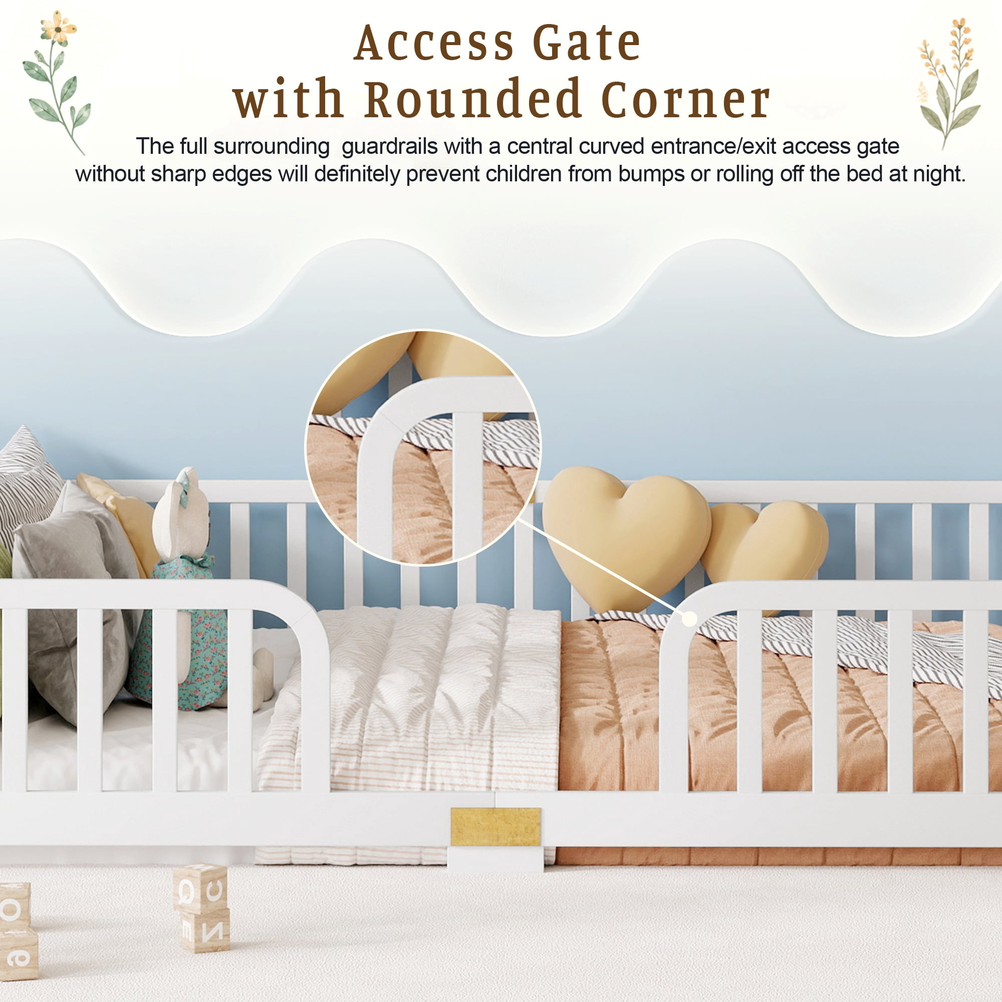 Mintazer Montessori Queen Size Floor Bed with Fence & Guardrail for Kids Children Toddlers, White