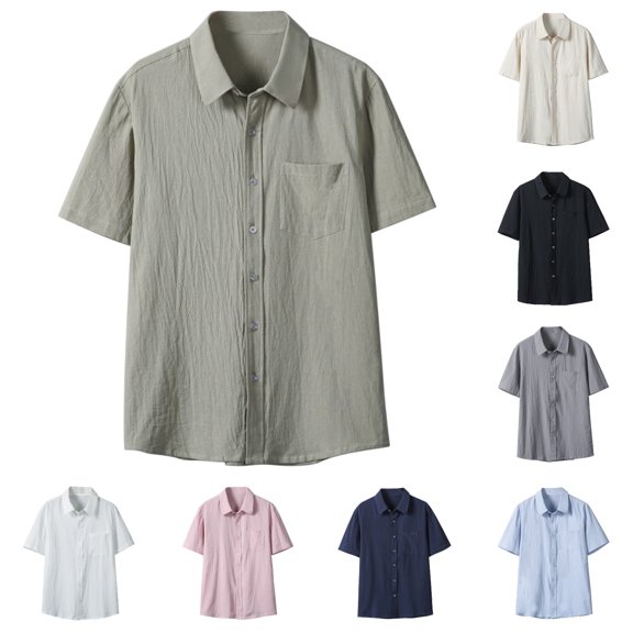 SGFCWSX Men's Short Sleeve Button Up Shirt Lightweight Wrinkle Texture Casual Solid Color Loose Fit Shirt for Men Summer Beach Army Green Size XL