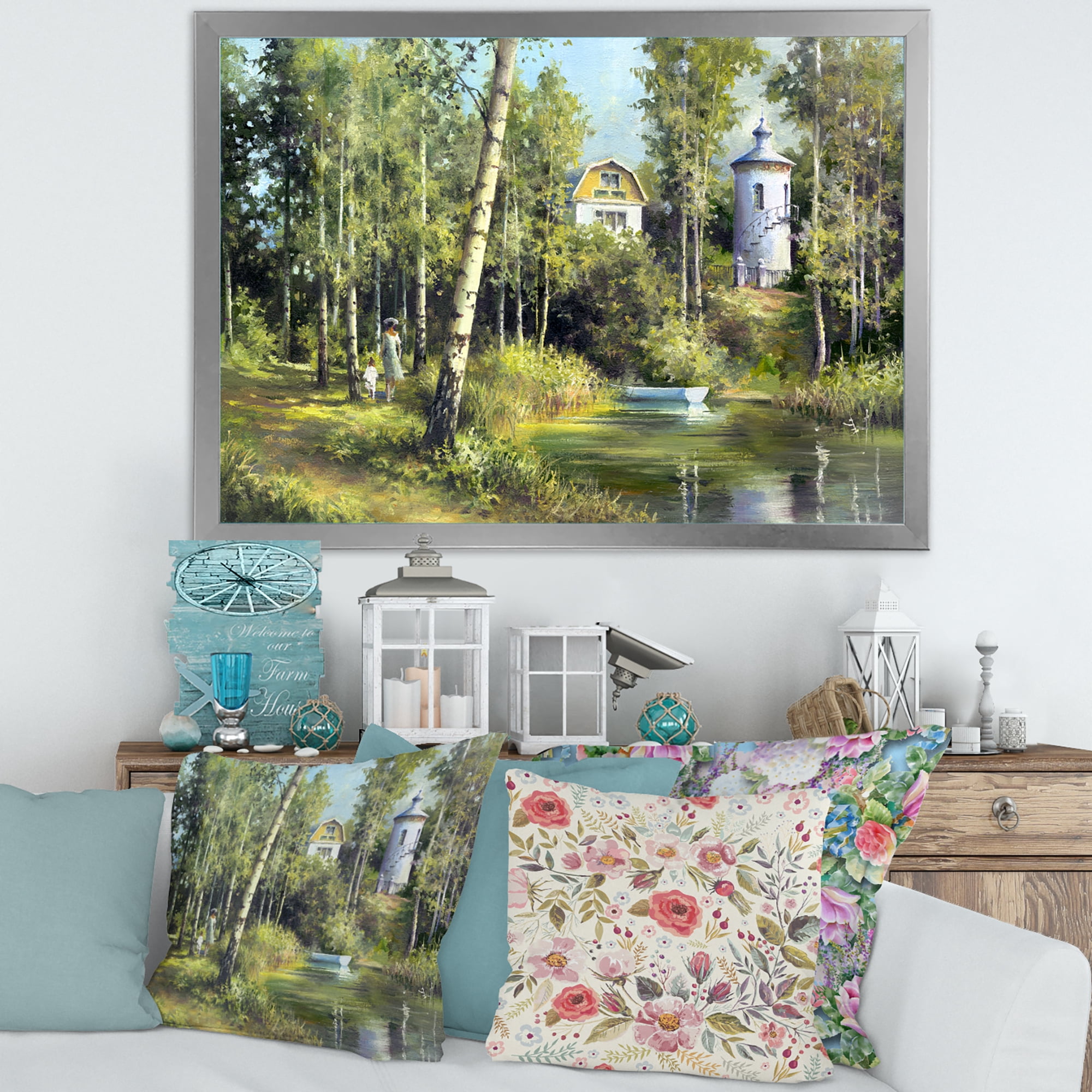 Designart 'The Wood River With Boat On A Decline By The Castle' Lake House Framed Art Print