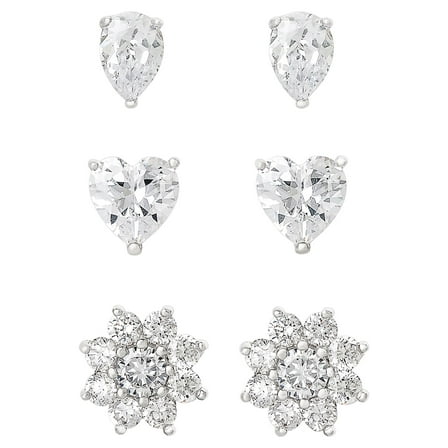 Believe by Brilliance Women's Sterling Silver and Cubic Zirconia Multi Shape Stud Earrings, Set of 3