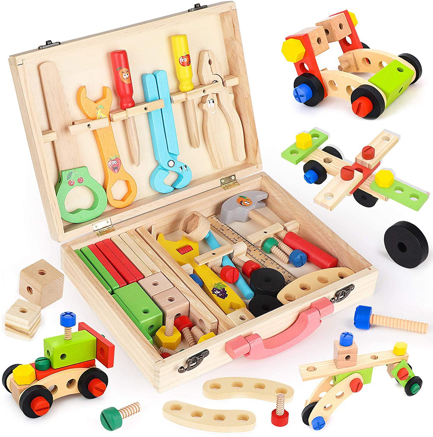 120pc Wooden Construction Building DIY Nuts & Bolts Tool Kit Toy Kid Builder Set