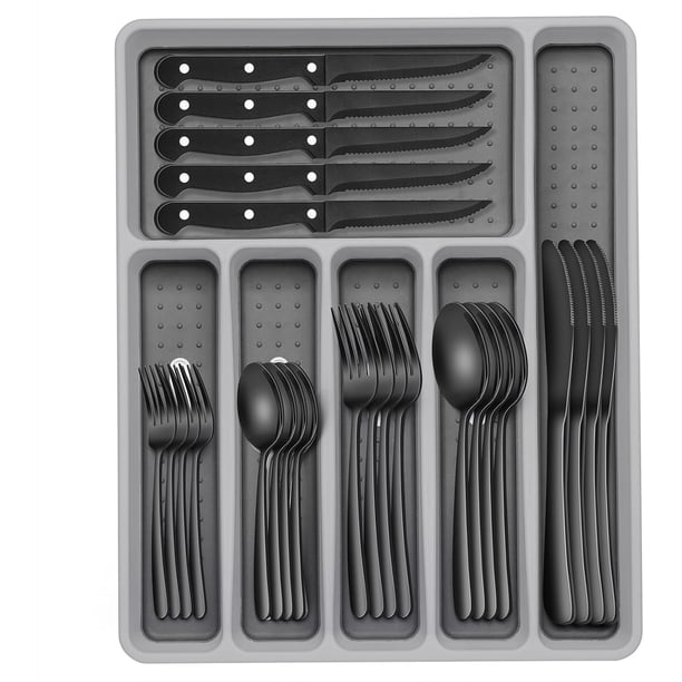 Juego de cubiertos martillados de 49 piezas con organizador, cubiertos de acero inoxidable de alta resistencia para 8, juegos de cubiertos con cuchillos para carne, a prueba de óxido, pulido espejo,