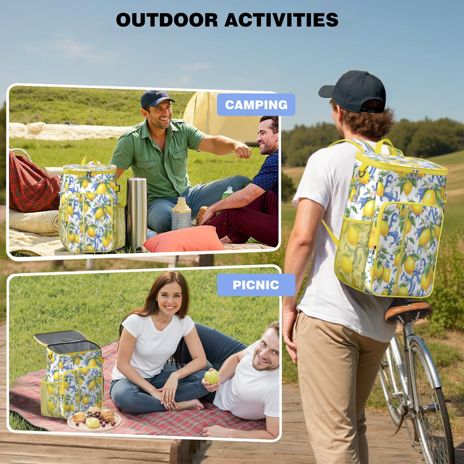 Travel Cooler Bag - Lemon Camping Beer Cooler Backpack with Bottle Opener- Waterproof Insulated Picnic Backpacks - Cooler Bag for Beach