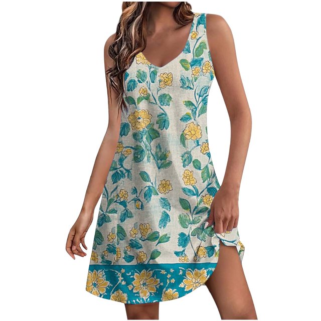 Ovzne Robes pour Femmes Robe d'Été Décontractée Mode Imprimée avec Poches Sans Manches Col en V Grande Taille Maxi Robe Imprimée en Solde