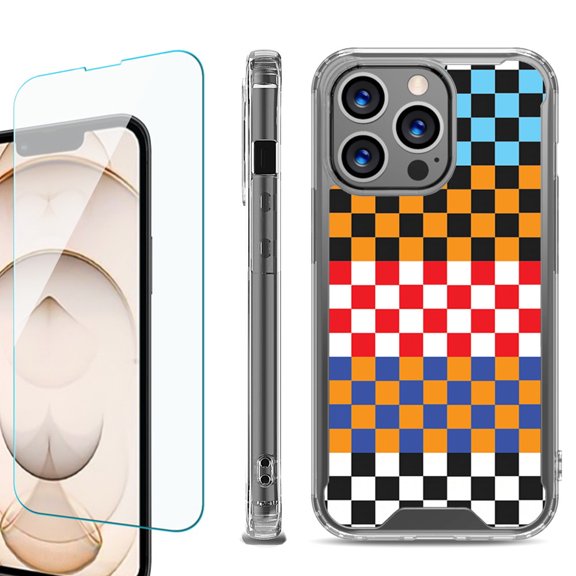 Shockproof Bumper Phone Case for iPhone 13 Pro Max, with Tempered Glass Screen Protector, by OneToughShield ® - Colorful Checker