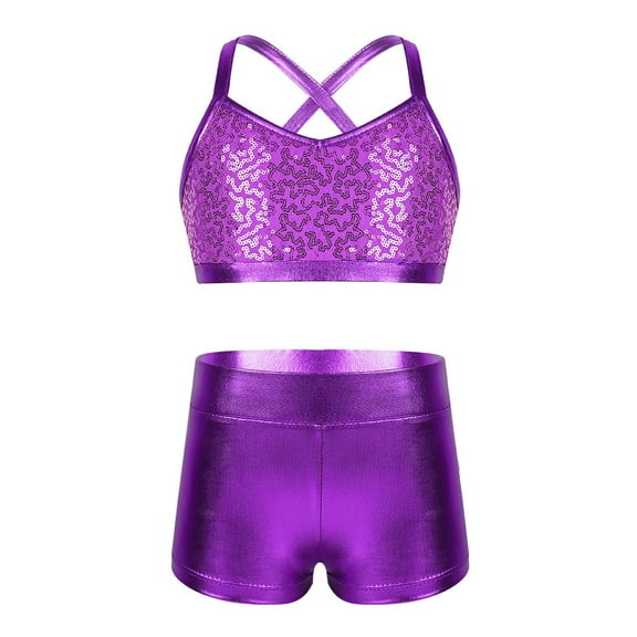 renvena Kids Girls Basic 2 Piece Active Dancewear Outfit Sequined Crop Top and Shorts Set Purple 5-6