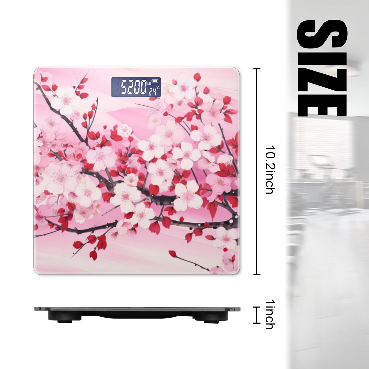 Bathroom Scale, Highly Accurate Digital Body Scale,Precisely Measures Weight up to 400 lbs-Painting Of Pink Cherry Blossoms On White Background