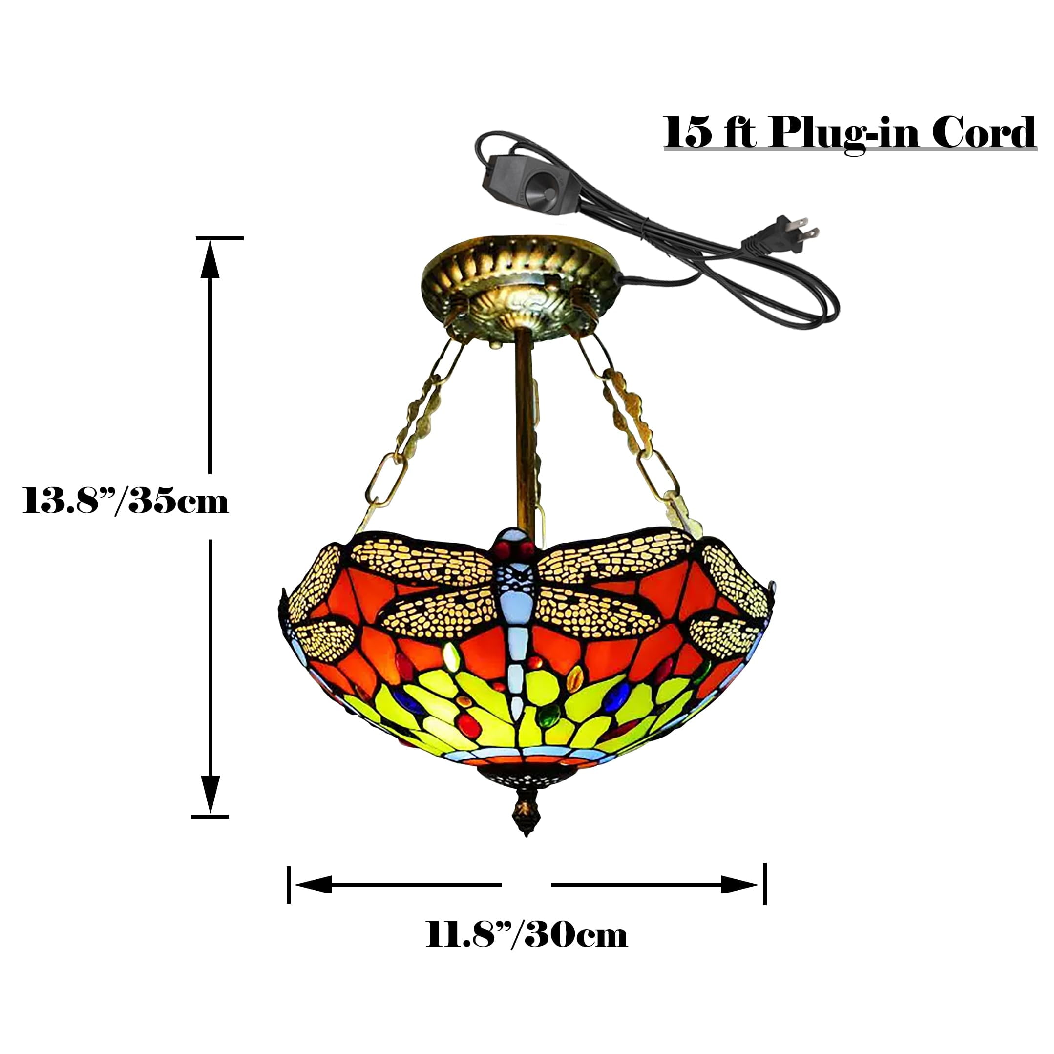 Kiven 11.8in Plug-in Flush Mount Ceiling Light Fixture, 2-Light Anti Glare Close to Ceiling Light with 15FT Cord, Tiffany-Style Glass Chandelier Dimmable for Bedroom Kitchen Hallway(No.3218)
