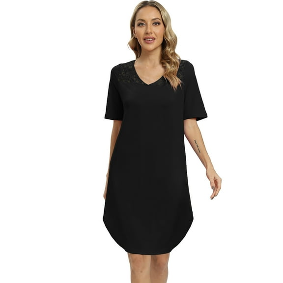 Miyanuby Women's Nightgown Short Sleeve V Neck Nightshirt Lace Sleepwear Asymmetrical Hem Knee-Length Nightdress Soft Cozy Pajamas Dress Loungewear, S-2XL