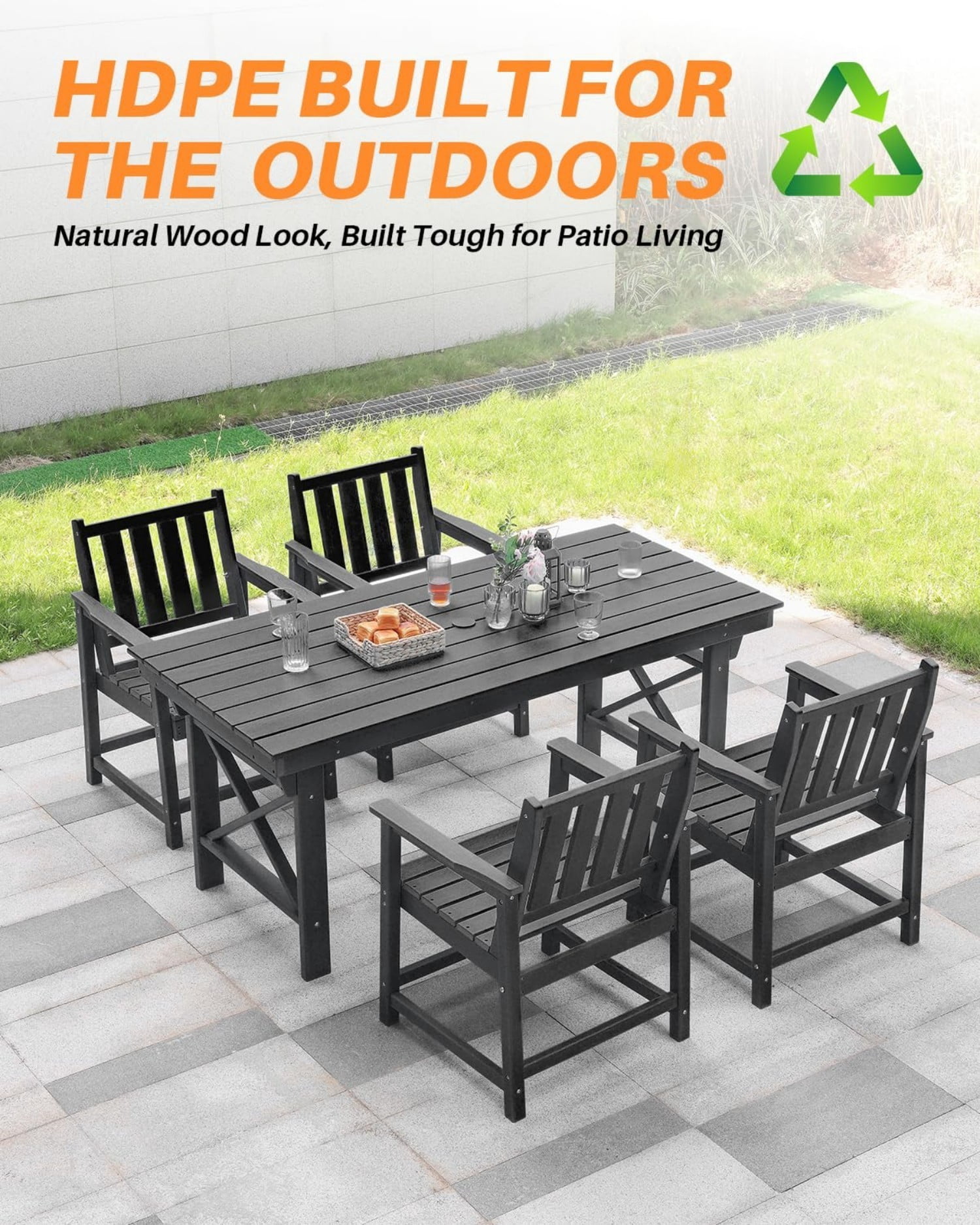 HDPE Outdoor Dining Table for 6, 66.9" Rectangular Patio Dining Table with 2.2" Umbrella Hole, All-Weather Outdoor Table for Backyard, Deck, Garden, Poolside, Obsidian