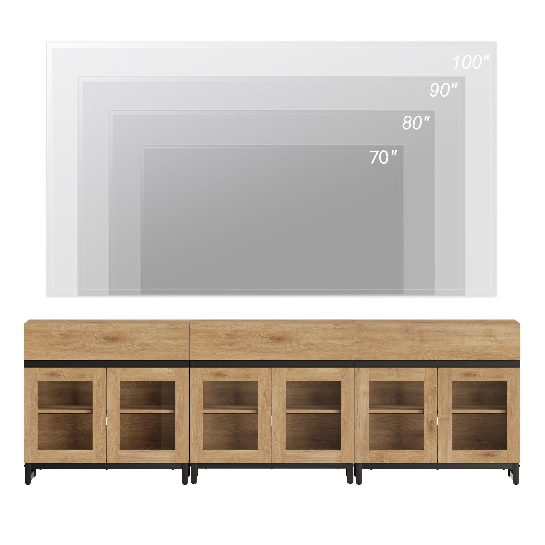 Modern TV Stand with Glass Door & Drawer, Metal Base Entertainment Console up to 100 Inch TVs, Media Console for Living Room & Bedroom,Oak