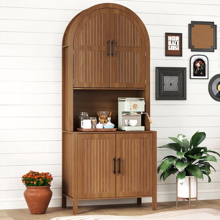 Oubayajia 75.8" Tall Arched Kitchen Pantry Storage Cabinets with Fluted Doors and Adjustable Shelves, Freestanding Cupboard for Kitchen, Dining Room and Living Room, Walnut
