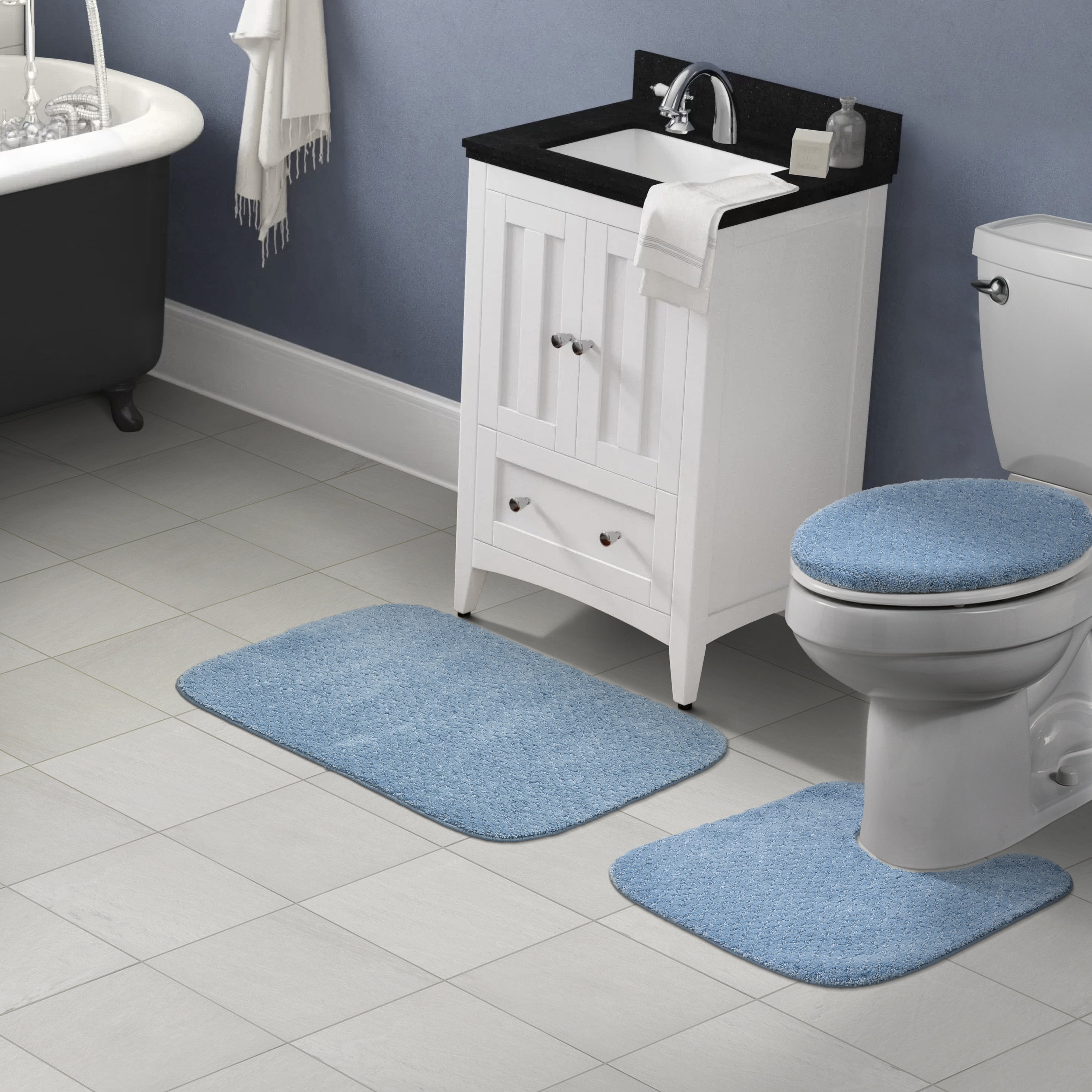 Garland Rug Cabernet Washable Nylon Bath Rug Set, 3 Piece Set (21"x34" Bath Rug, Contour Rug, & Toilet Lid) Basin Blue