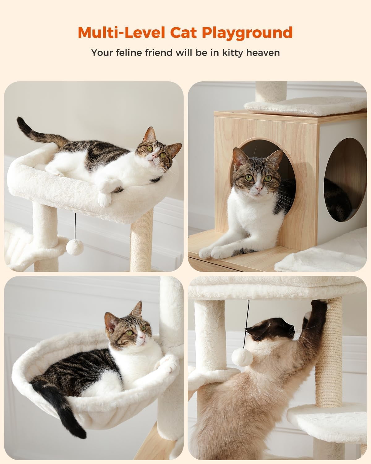 Cat Tree with Litter Box Enclosure, 50" Modern Cat Tree for Large/Fat Cats with Cat Condo, Wooden Cat Furniture with Large Hammock and Top Perch, Beige