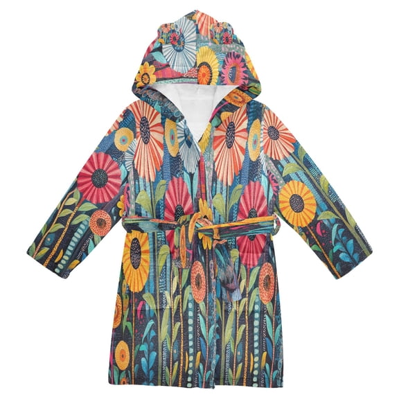 FORMRS Niños Bathrobe Unisex Hooded Robe Soft Plush Pajamas Sleepwear, Size 2-3T, Orange Colorful Flowers