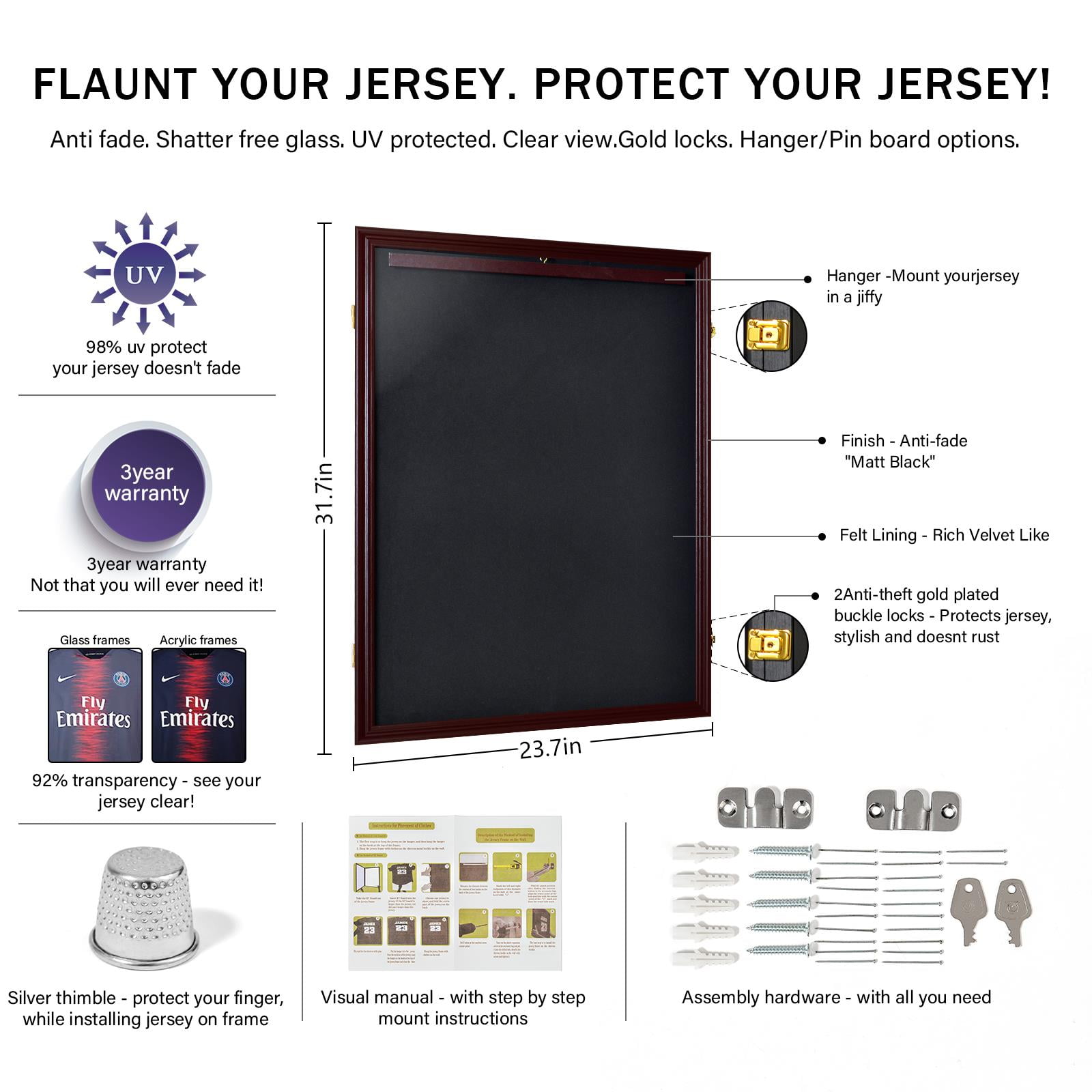 KCRasan Jersey Display Frame Case - Large Lockable Frames Shadow Box with UV Protection for Baseball Basketball Football Soccer Hockey Sport Shirt