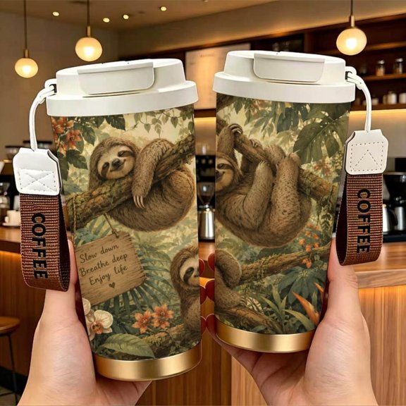 Cute Sloth Pattern Stainless Steel Insulated Coffee Cup with Double Drink Design， Portable Travel Tumbler with COFFEE Wrist Strap， Reusable Thermal Mug， Perfect Gifts For Birthday Holiday.