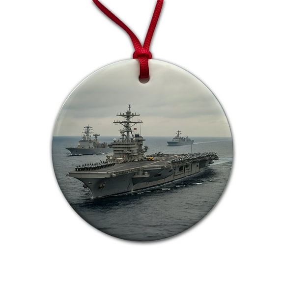 US Navy Carrier Strike Group Escorts At Sea Christmas Tree Holiday Round Ceramic Ornament