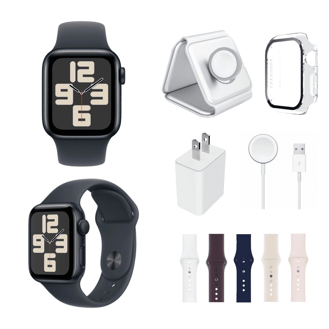 Restored Apple Watch SE 2nd Gen Bundle - 44mm Gps Midnight Aluminum (2022) - 3-in-1 MagSafe Charger, Protective Case & 6 Bands Included (Refurbished)