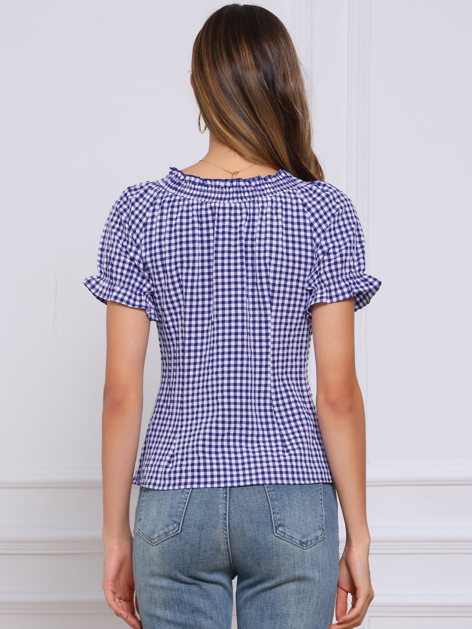 DARING DIVA Women's Gingham Plaid Peasant Round Neck Puff Sleeve Tops XS Dark Blue