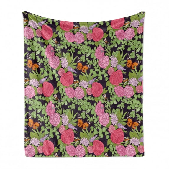 Floral Soft Flannel Fleece Throw Blanket, Nature Themed Dreamy Butterflies Bees and Botanical Elements English Garden Art, Cozy Plush for Indoor and Outdoor Use, 60" x 80", Multicolor, by Ambesonne