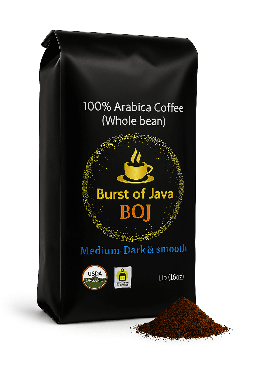 Organic Whole Bean Coffee Medium Dark Roast | USDA Certified Fair Trade 100% Arabica | Small Batch Roasted Low Acid | Burst of Java 16 oz