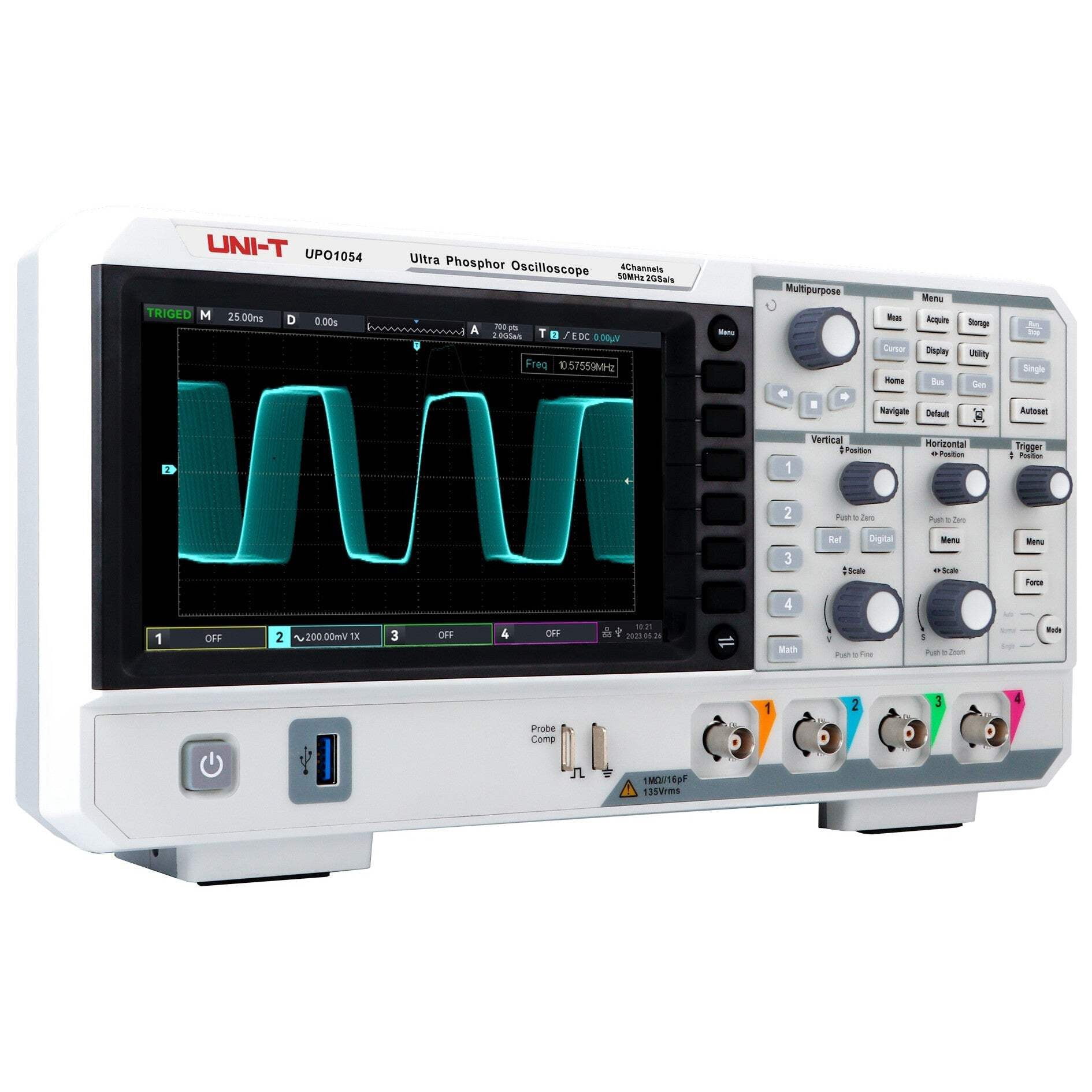 UNI-T UPO1054 DSO Ultra Phosphor Digital Oscilloscope 50MHz 4 Channels 2 GSa/s 56 Mpts Memory Depth 500,000 wfm/s 7 Inch Display Fast Acquire 1 Mpts FFT Points