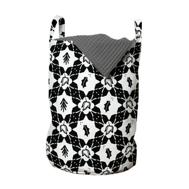 Floral Laundry Bag, Abstract and Monochrome Illustration of Garden Items Botany Details, Basket with Handles Drawstring Closure for Laundromats, 13" x 19", Charcoal Grey and White, by Ambesonne