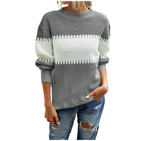 Odeerbi 0n Sale Sweaters for Women Fall Sweaters 2022 Crew Neck Fashion Long Sleeves Color Matching Loose Tops Blouse Knitted Gray