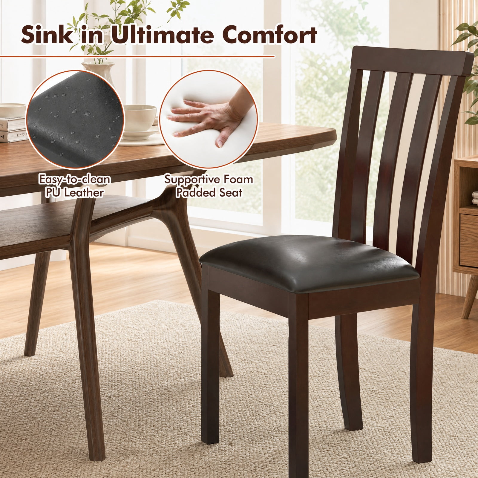 Furnibear Upholstered Dining Chairs Set of 2 Wooden Kitchen Chairs with Padded Seat and Rubber Wood Frame for Dining Room, Espresso