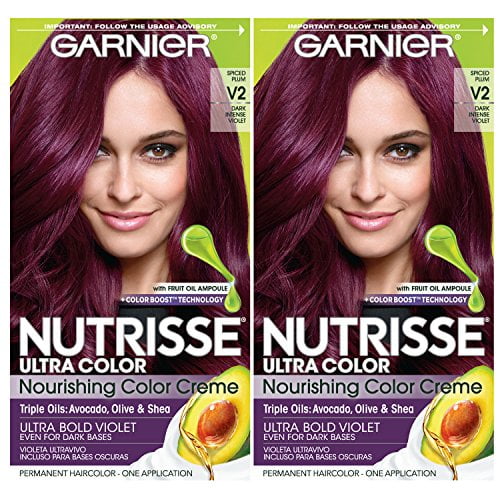 Garnier Nutrisse Ultra Nourishing Permanent Hair Color Cream, V2 Dark Intense Violet, Purple Dye, 2 Pack