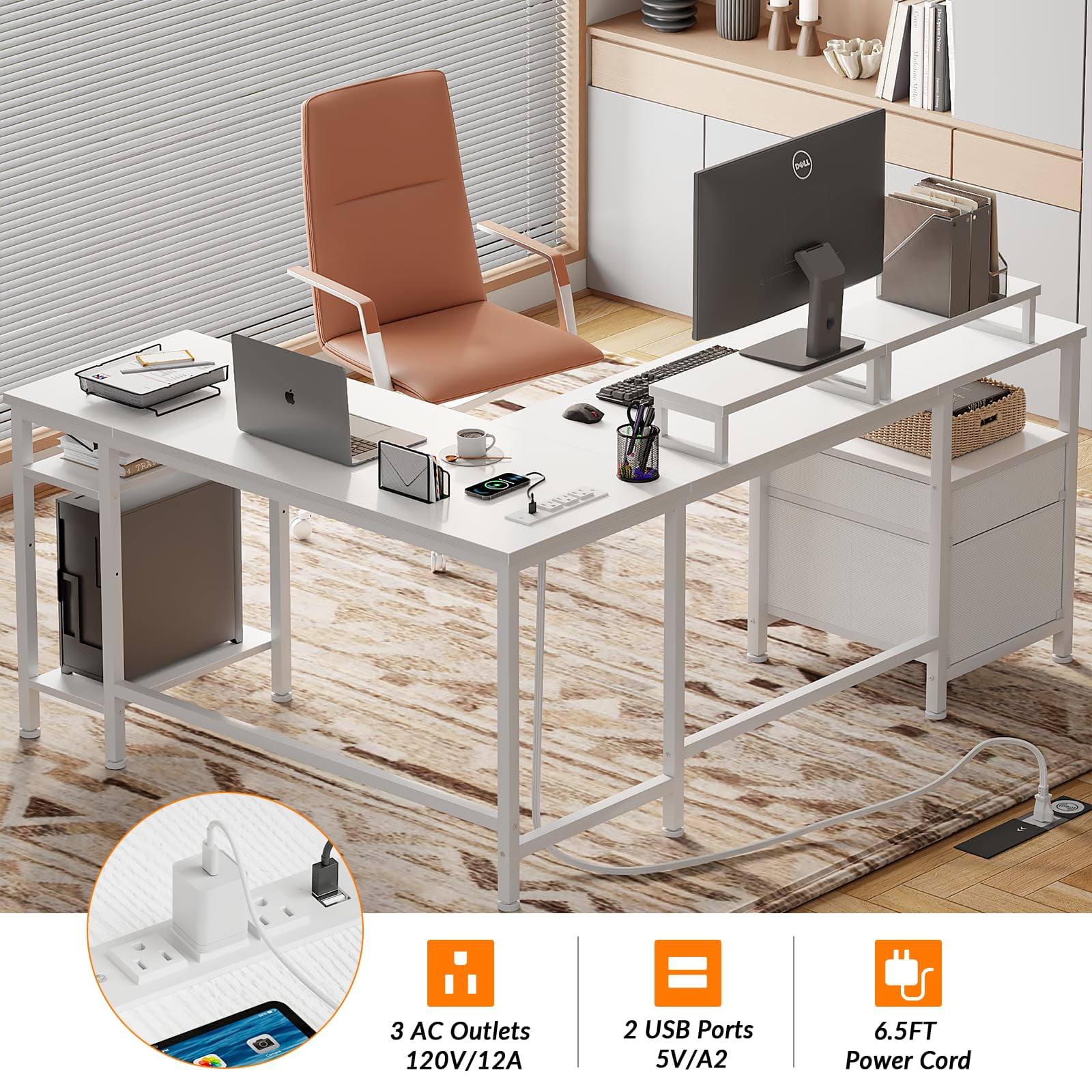 Furologee White 59” L Shaped Desk with Power Outlet, Reversible Computer Desk with File Drawer & 2 Monitor Stands, Corner Home Office Table with Storage Shelves for Gaming Writing