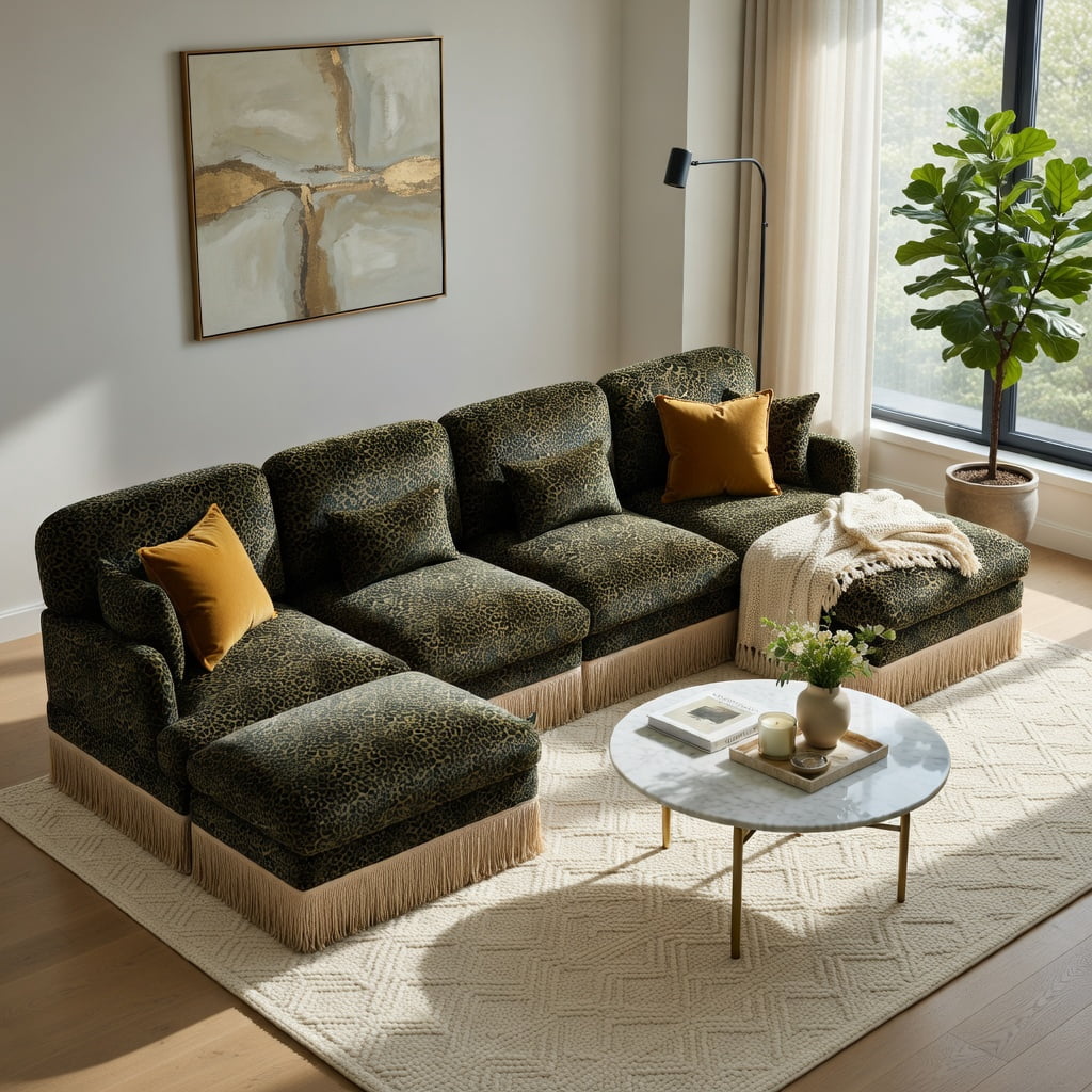 Hommoo 131" U-Shaped Chenille Leopard Print Sofa Set with Movable Ottomans, Tassel Trim & Ergonomic Deep Seat, Modern Living Room Sectional, Green Black