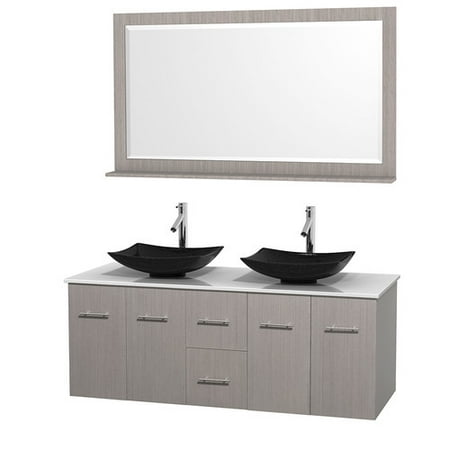 Wyndham Collection Centra 60 inch Double Bathroom Vanity in Gray Oak, White Man-Made Stone Countertop, Arista Black Granite Sinks, and 58 inch