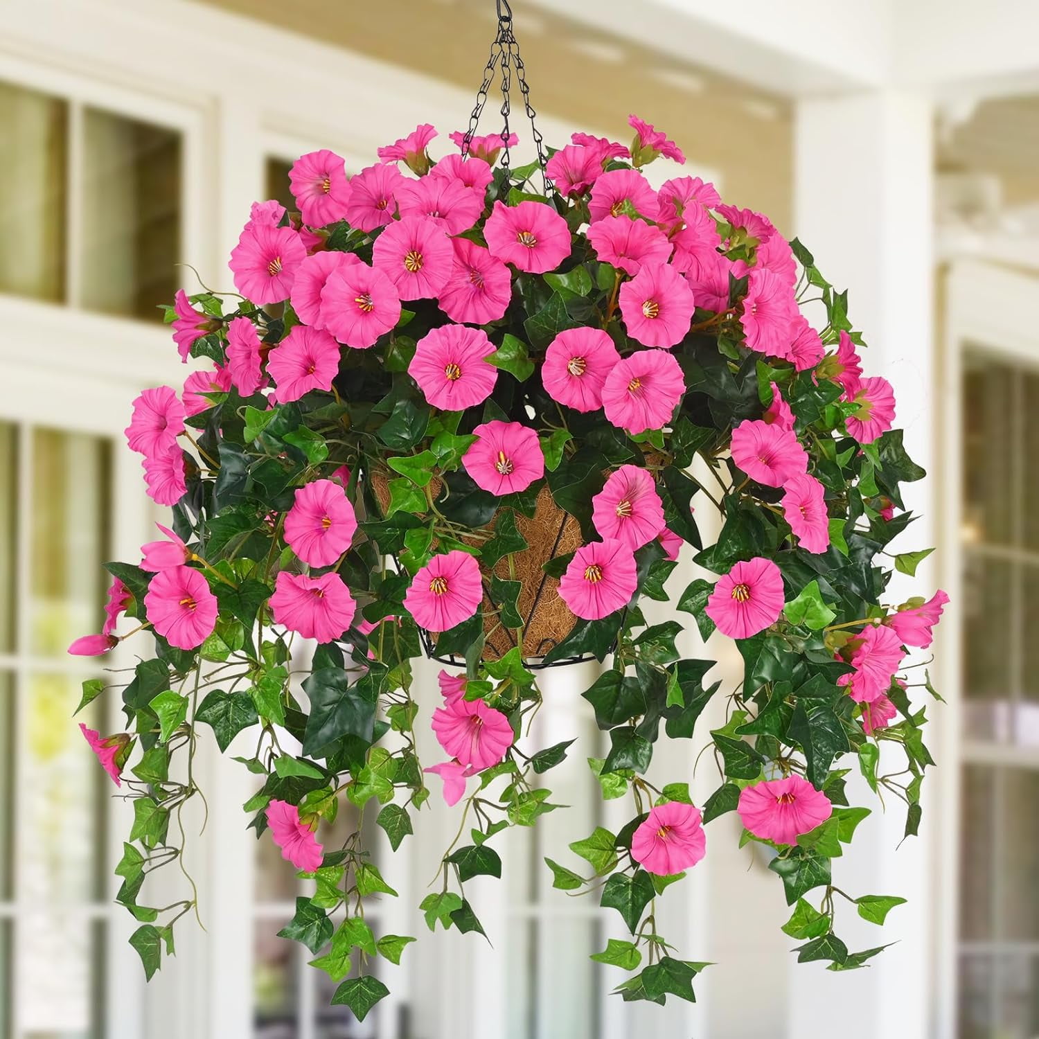 Artificial Hanging Flowers Baskets for Spring Outdoors Decor, Silk Morning Glory in Planter UV Resistant Realistic Outside Flowers for Outdoor Porch Patio Balcony Yard Home