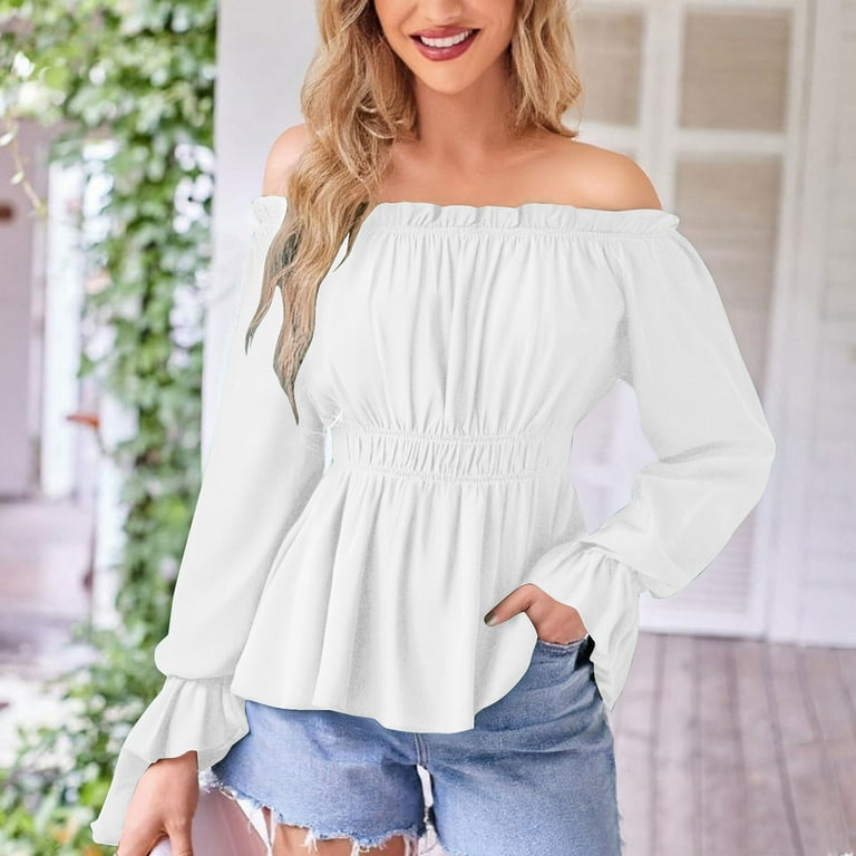 safuny Women Solid Color Blouse Off Shoulder Lantern Sleeve Shirt