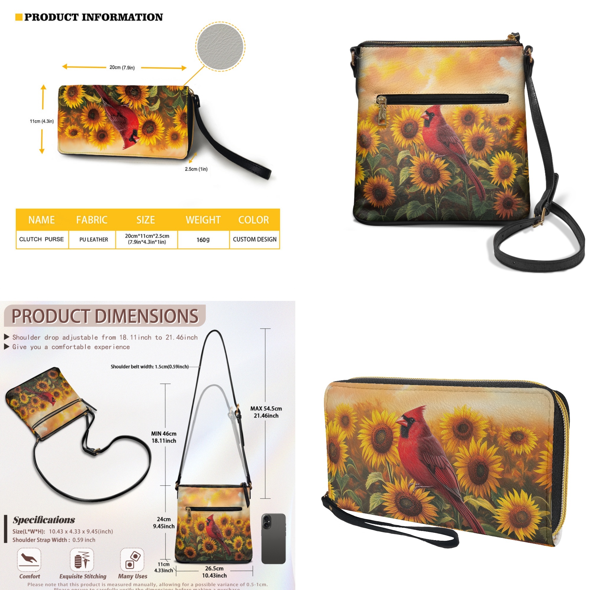 ZUXONGSY Cardinal Sunflower Print Stylish PU Leather Crossbody Purse & Wallet Set for Women, Large Satchel Handbag with Adjustable Strap for Travel & Work for Daily Use