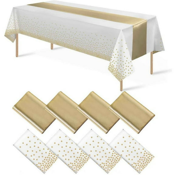 Disposable Plastic Tablecloths and Satin Table Runner Polka Dot Tablecloth with Satin Table Runner for Wedding Birthday Baby Shower Anniversary Christmas New Year Party Supplies, 2 Pack