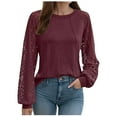 thumbnail image 1 of NINGMENG Womens Tops Solid Color Lace Long Sleeve Crew Neck Pleated Tops Pullover T Shirts Holiday Wear,Red,L, 1 of 5