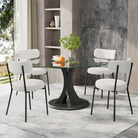 KATBOC 47in Round Dining Table Set with 4 Velvet Chairs, Tempered Glass Top & Aluminum Tray Base, Space Saving Kitchen Table for Small Spaces, Apartment, White