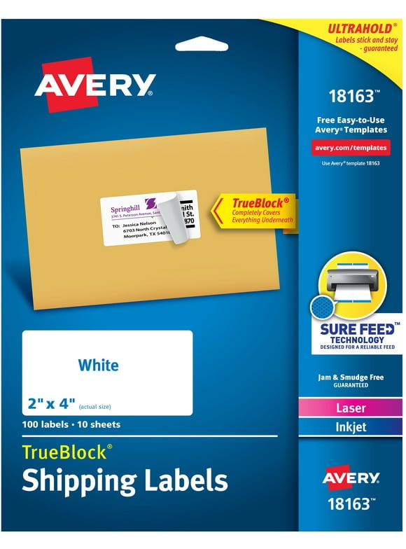 Avery Shipping Labels, White, 2" x 4", Sure Feed, Laser, Inkjet, 100 Labels (18163) 0.396 lb