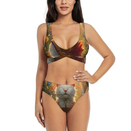Zeuib Sunshine Flower Meditating Cat High Waisted Tummy Control Bikini Set - Knot Front Push Up Top & Cheeky Thong Bottom  Two-Piece Swimsuit for Women-Medium
