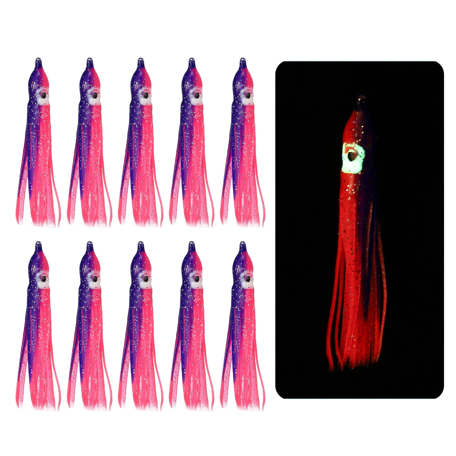 Fishing Squid Skirts Glow Soft Plastic Trolling Lures Luminous 2 x 0.3 Inch & 10 Pcs & Pink/Dark Purple -Fitting for (Bass/Trout)