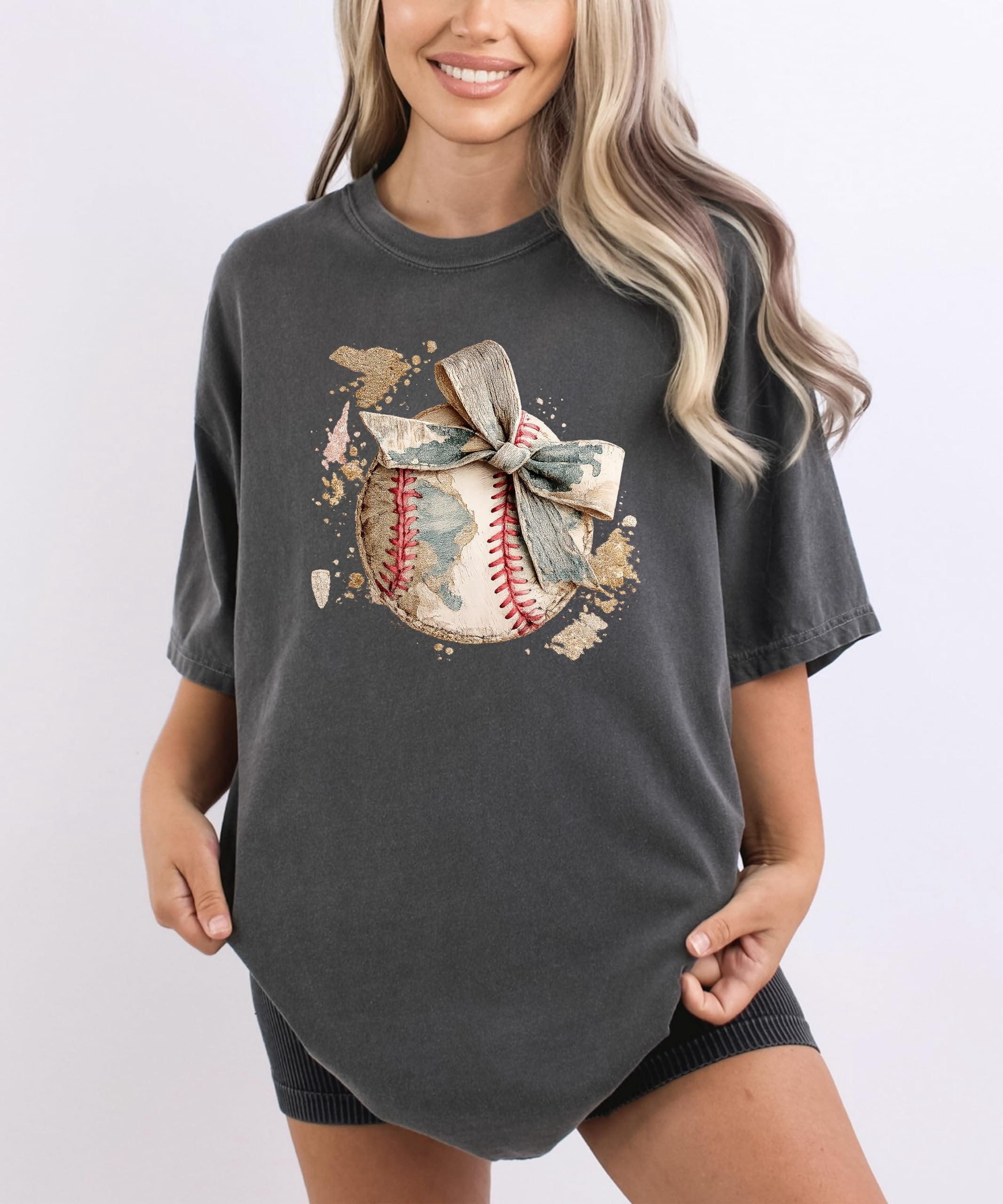 Cute Baseball Bow Shirt for Women - Coquette Game Day Tee - Trendy Sports Mom T-Shirt Pepper Shirt Adult Medium