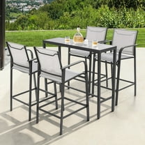 Nuu Garden 5-Piece Outdoor Iron Bar Set with 4 Textilene High Bar Stools and 1 Rectangular Bar Table, Curved Armrests, For Patio Deck Sunroom Garden, Black and Gray