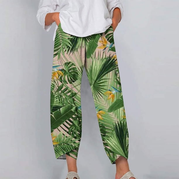 ICHUANYI Clearance Womens Elastic Waist Buttons Printing Thin Stretch Skinny Pants Trousers(Green, XXL) ICHUANYI WER2023081509352
