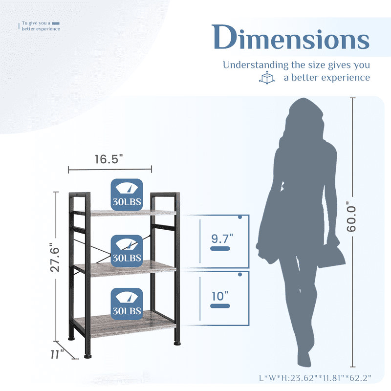 Gianna 3 Tier Bookshelf, Free Standing Shelf, Bookcase Shelf Storage Organizer, Industrial Book Shelves for Home Office, Living Room, Kitchen, Gray