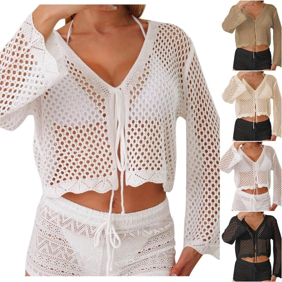 Oksale Women Crochet Cardigan Hollow Out Bell Sleeved Cropped Cover Up Cozy Long Sleeve Summer Cardigans for Holiday White Free Size