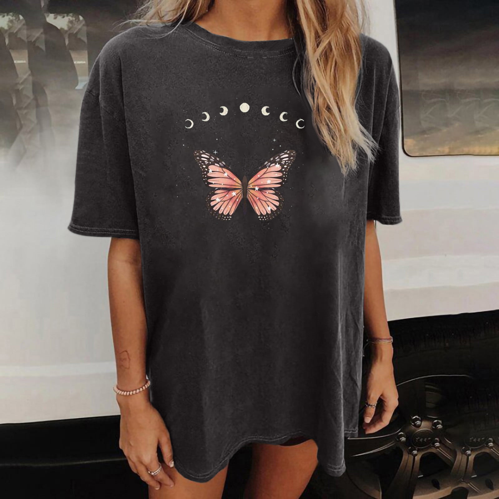 Fkatuzi Butterfly Oversized Vintage T Shirts for Women Sun and Moon Graphic Tee Casual Cotton Crewneck Short Sleeve Gray Tops